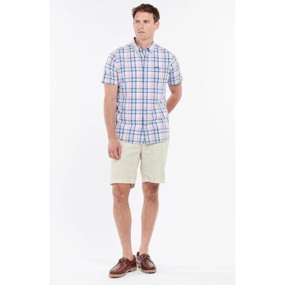 Barbour Furniss Tailored Shirt Pink Plaid Button Down Short Sleeve Sz L Men - Picture 3 of 12